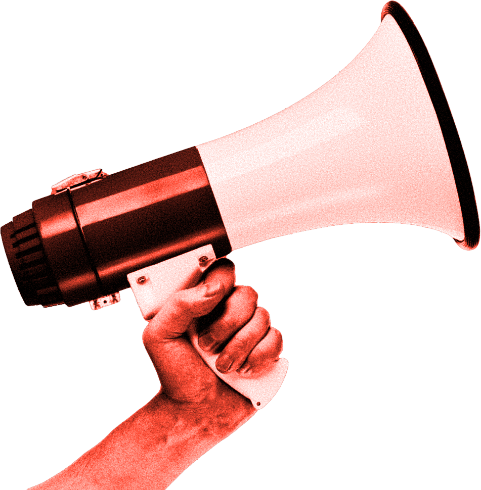 A white megaphone against red background.
